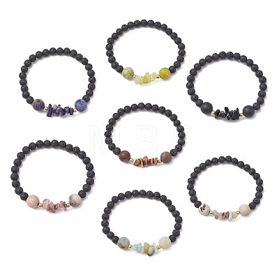 7Pcs Natural Mixed Stone Chips & Round Beaded Stretch Bracelets Set for Women BJEW-JB11130-1