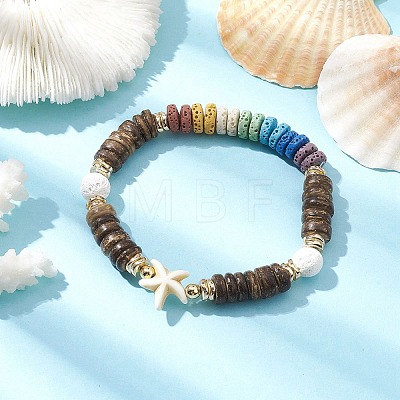 Dyed Natural Lava Rock & Coconut & Synthetic Turquoise Beaded Stretch Bracelet BJEW-JB10061-01-1