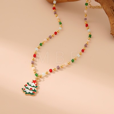 Christmas Alloy & Brass White Red and Green Enamel Pendant Colorful Resin Beaded Necklaces for Women FS-WGF8F07-05-1