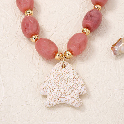 Bohemian Natural Lava Rock Fish Shaped Pendant Resin Barrel Beaded Necklaces with Alloy End Chains for Women WGF8885-01-1