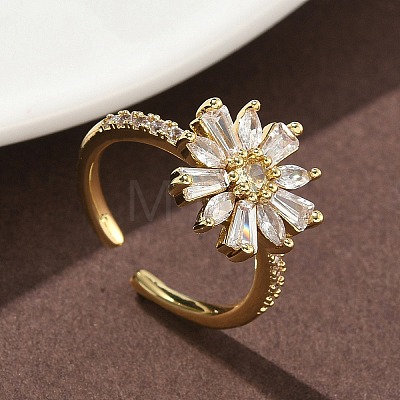 Flower Brass Micro Pave Cubic Zirconia Cuff Rings for Women RJEW-A069-01A-G-1