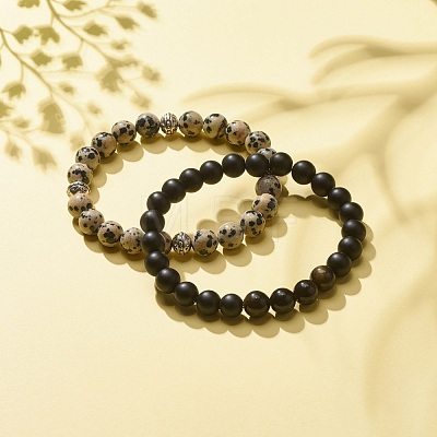 2Pcs 2 Style Natural Golden Sheen Obsidian & Dalmatian & Synthetic Black Stone Round Beaded Stretch Bracelets Set BJEW-JB08187-1