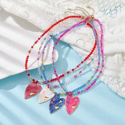 304 Stainless Steel Enamel Heart Pendant Necklace with Glass Beaded Chains NJEW-JN04465-1