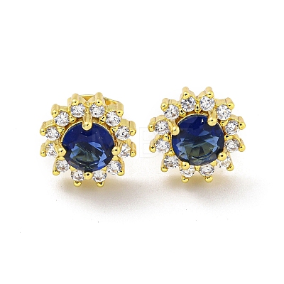 Flower Brass Micro Pave Clear Cubic Zirconia Stud Earrings EJEW-G387-04G-1