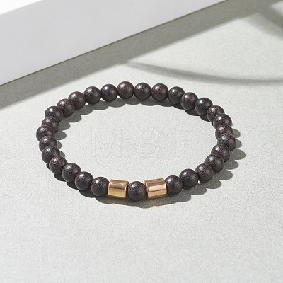 Natural Wood Round Beaded Stretch Bracelet with Synthetic Hematite for Men Women BJEW-JB07549-1