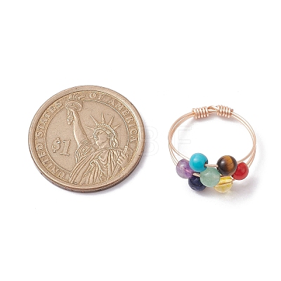 Natural & Synthetic Mixed Gemstone Round Beaded Chakra Theme Fringer Ring RJEW-TA00107-1