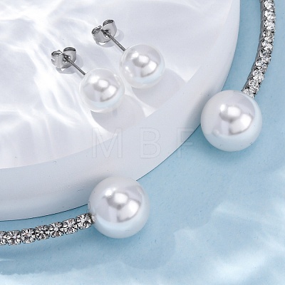 Round Plastic Imitation Pearl Stud Earrings & Rhinestone Cuff Choker Necklaces Sets SJEW-U003-04P-1