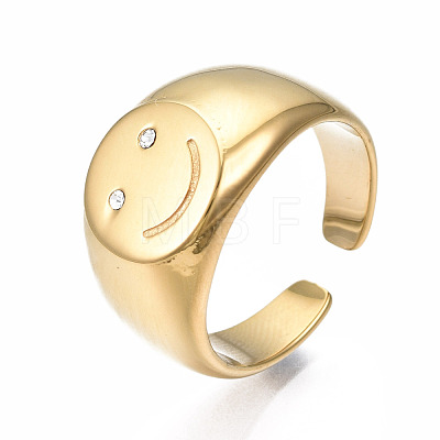 304 Stainless Steel Smiling Face Open Cuff Ring RJEW-T023-90G-1