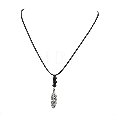 Alloy Feather Pendant Black Waxed Polyester Cord Long Necklaces NJEW-JN05638-1