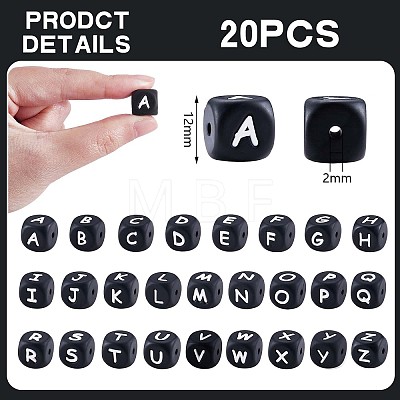 20Pcs Black Cube Letter Silicone Beads 12x12x12mm Square Dice Alphabet Beads with 2mm Hole Spacer Loose Letter Beads for Bracelet Necklace Jewelry Making JX433U-1