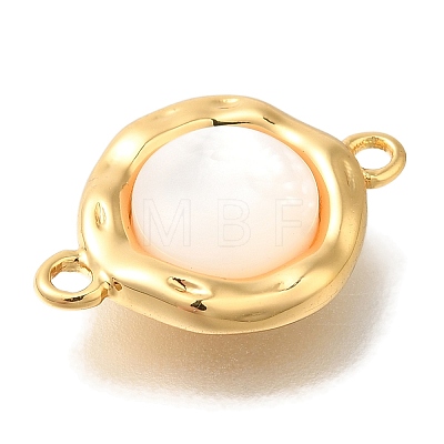 Brass Pave Natural White Shell Flat Round Connector Charms KK-K388-79G-1