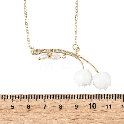 Handmade Lampwork & Cultured Freshwater Pearl Flower Pendant Brass Cable Chain Necklaces for Women NJEW-TA00259-1