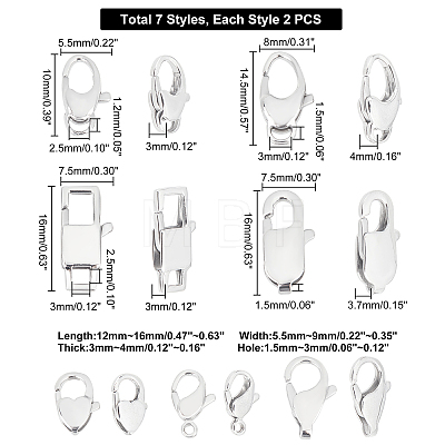 Unicraftale 14Pcs 7 Style Polished 316 Surgical Stainless Steel Lobster Claw Clasps STAS-UN0023-46-1