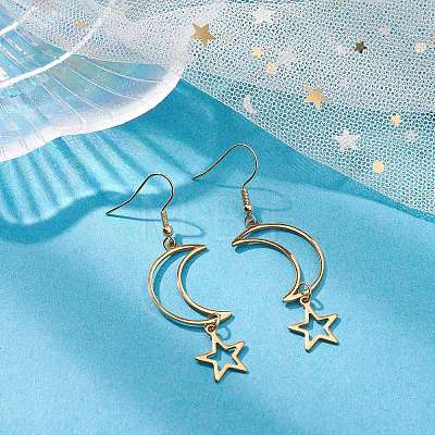 Hollow Star and Moon 304 Stainless Steel Dangle Earrings EJEW-JE05311-01-1