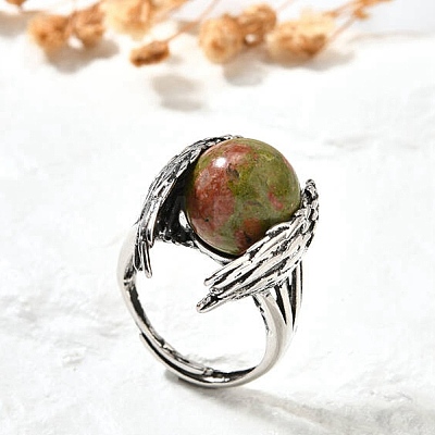 Natural Unakite Wings Adjustable Rings RJEW-K241-04AS-11-1