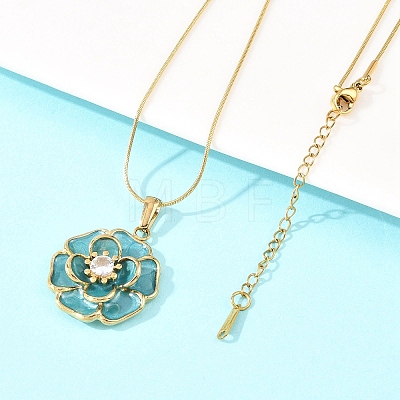 304 Stainless Steel Pave Clear Cubic Zirconia with Enamel Flower Pendant Necklaces NJEW-H088-02G-1