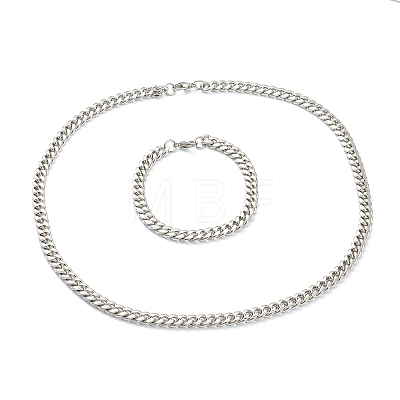 304 Stainless Steel Cuban Link Chain Bracelets & Necklaces Jewelry Sets SJEW-B019-03B-P-1