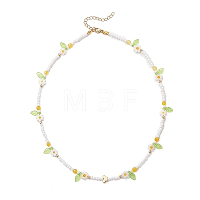 Faceted Round Dyed Natural Agate & Flower Handmade Millefiori Glass & Glass Seed Beaded Necklaces for Women NJEW-MZ00150-02-1