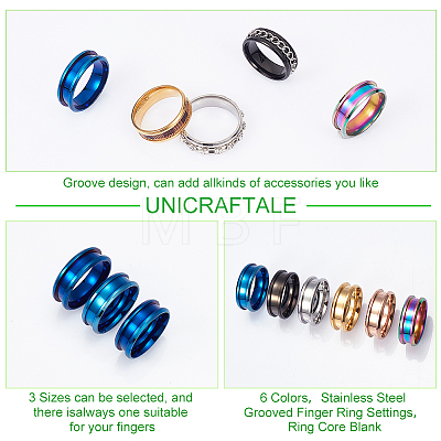 Unicraftale 18Pcs 18 Styles 201 Stainless Steel Grooved Finger Ring Settings STAS-UN0042-78-1