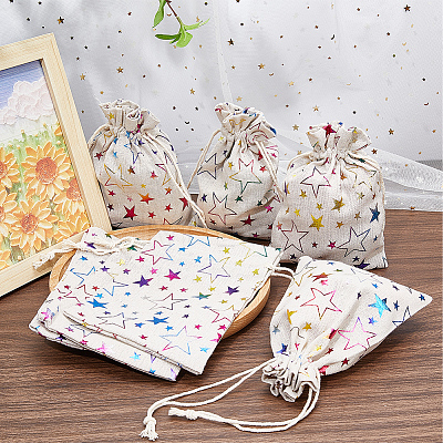 Christmas Jute Cloth Star Print Storage Pouches ABAG-WH0048-12A-1