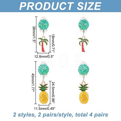 4 Pairs 2 Style Coconut Tree & Pineapple Enamel Dangle Clip-on Earring EJEW-AR0001-08-1