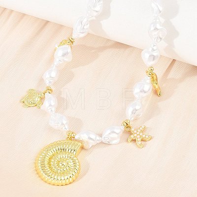 Ocean Brass Conch Shell Dolphin Turtle Pendant White ABS Plastic Imitation Keshi Pearl Beaded Necklaces KK-CBA4547-02G-1