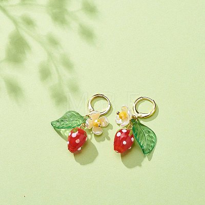 Lampwork Strawberry with Plastic Pearl Flower Dangle Leverback Earring EJEW-TA00130-1