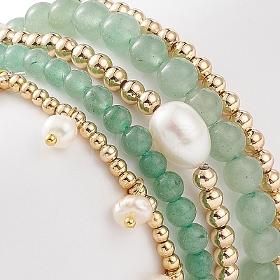 5Pcs 5 Style Natural Green Aventurine & Brass Beaded Stretch Bracelets Set BJEW-JB08870-03-1