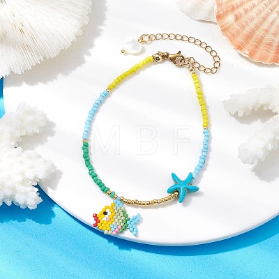 Glass Seed Fish Charm Bracelet with Synthetic Turquoise Starfish BJEW-MZ00045-1