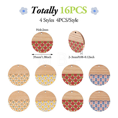 16Pcs 4 Colors Printed Resin & Wood Pendants WOOD-BT0001-13-1