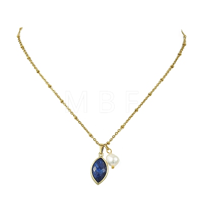Natural Lapis Lazuli Faceted Horse Eye & Natural Pearl Pendant 304 Stainless Steel Satellite Chain Necklaces for Women NJEW-JN06057-01-1
