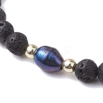 6mm Round Natural Lava Rock & Dyed Pearl Beaded Stretch Bracelets for Women BJEW-JB10619-01-1