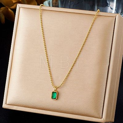 304 Stainless Steel Pave Cubic Zirconia Green Pendant Ball Chain Necklaces for Women NJEW-B083-02G-01-1