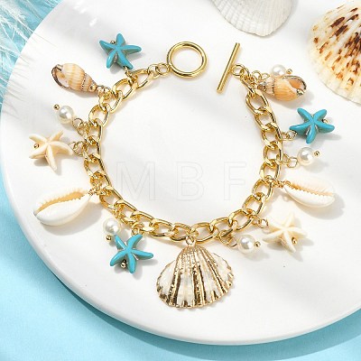 Natural Shell & Shell Pearl & Synthetic Turquoise Starfish Charm Bracelet BJEW-TA00352-1