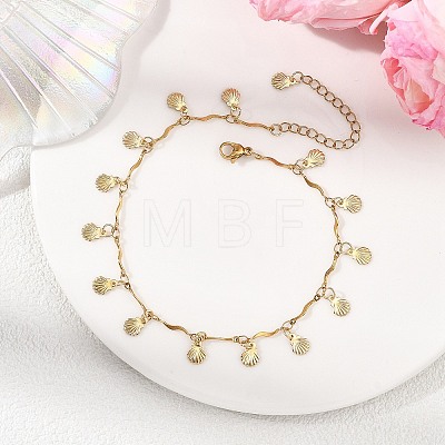 Ocean 304 Stainless Steel Shell Shaped Charm Wave Bar Link Chain Anklets for Women AJEW-AN00809-1