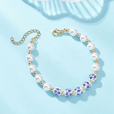 Handmade Flower Printed Porcelain Ceramic Beads & Shell Pearl Round Beaded Bracelets for Women BJEW-JB12709-1