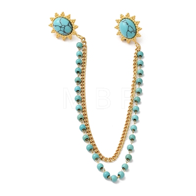 304 Stainless Steel Pave Dyed Synthetic Turquoise Hanging Chain Brooch JEWB-S021-04G-02-1