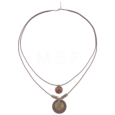1Pc Bohemian Wood & Alloy Pendant Double Layer Necklaces for Women NJEW-CL0001-37-1