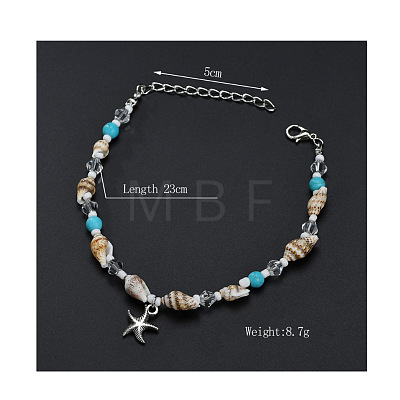Bohemian Style Natural Shell & Synthetic Turquoise Beaded Anklets Alloy Starfish Charm Anklets for Summer Beach WG85091-01-1