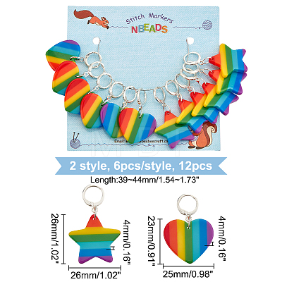 12Pcs 2 Style Striped Plastic Rainbow Heart & Star Charm Locking Stitch Markers HJEW-PH01681-1