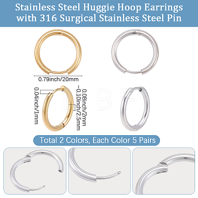 20Pcs 2 Colors 202 Stainless Steel Huggie Hoop Earrings EJEW-BBC0002-35-1