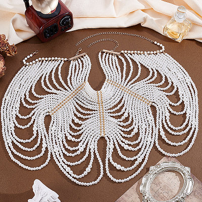 ABS Plastic Imitation Pearl White Round Beaded Multi-Layered Choker Necklaces for Women NJEW-WH0036-020KCG-1