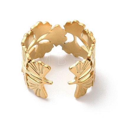 Ion Plating(IP) 304 Stainless Steel Gingko Leaf Open Cuff Ring for Women RJEW-K245-42G-1