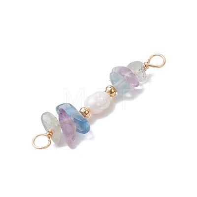 Natural Fluorite Chip & Natural Cultured Freshwater Pearl Rice Beaded Connector Charms PALLOY-JF03707-06-1