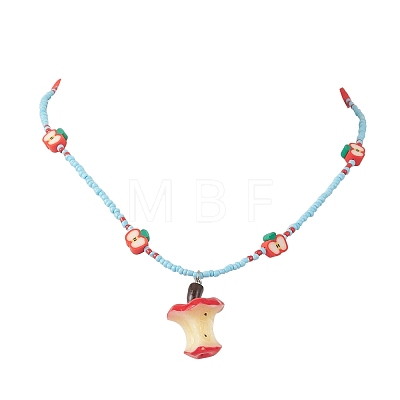 Teachers' Day Resin Cute Apple Core Pendant Polymer Clay & Glass Seed Beaded Necklaces for Women NJEW-TA00231-1