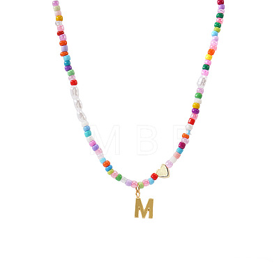 Colorful Beaded Heart Letter Necklace with Pearl Elements Stainless Steel Pendant Jewelry TR2146-13-1
