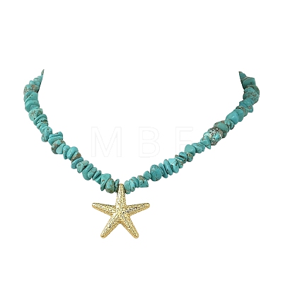Ocean Brass Sea Animals Pendant Synthetic Turquoise Chip Beaded Necklaces for Women NJEW-JN06424-01-1