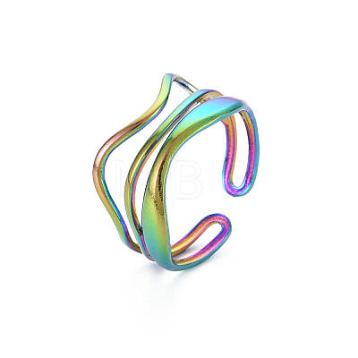 Rainbow Color 304 Stainless Steel Wave Wire Wrap Open Cuff Ring for Women RJEW-N038-047M-1