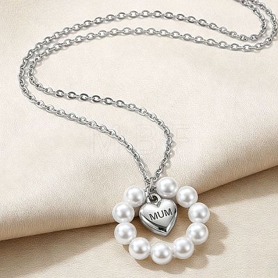 304 Stainless Steel with Plastic Pearl Beaded Ring Mum Heart Pendant Necklaces for Mother's Day FS-WG96BC2-02-1