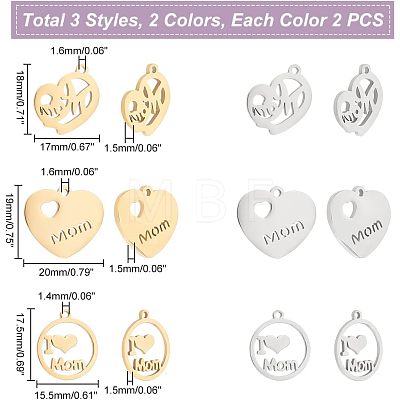 Unicraftale 12Pcs 6 Style 304 Stainless Steel Pendants STAS-UN0039-83-1